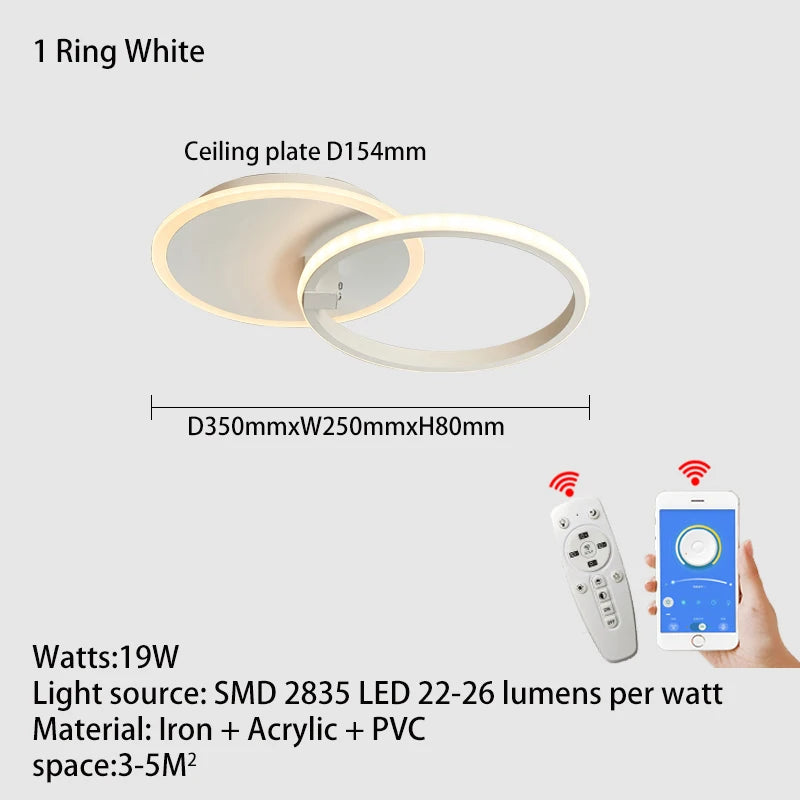 Lustre Led moderne anneau Led plafonniers salon chambre lumières plafond noir/blanc 1-5 anneau d'éclairage APP/lustre à distance