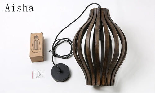 lustre rétro en bois style asiatique pour décoration intérieure - vue 6 sur 7