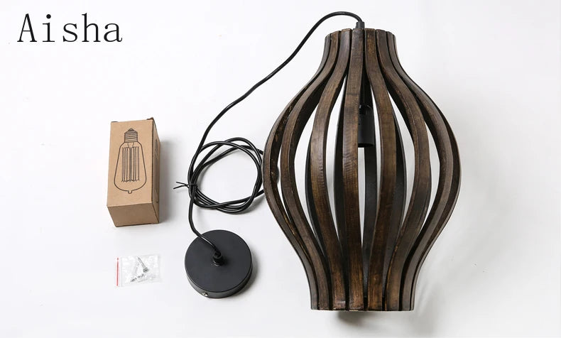 lustre rétro en bois style sud-est asiatique pour décoration intérieure - vue 5 sur 7