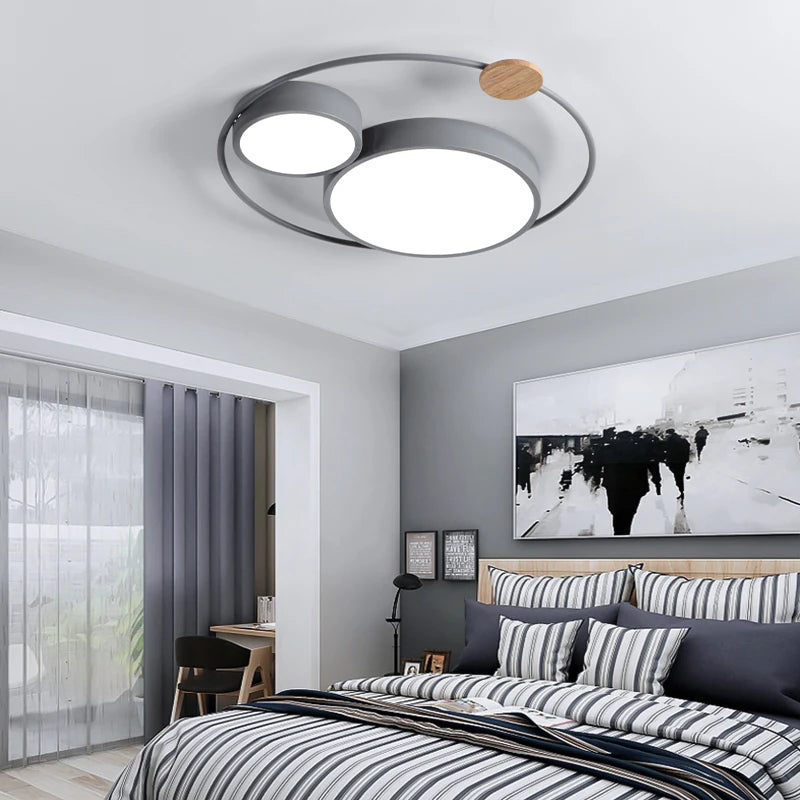 plafonnier led nordique en bois acrylique décoration ronde macaron - vue 5 sur 14