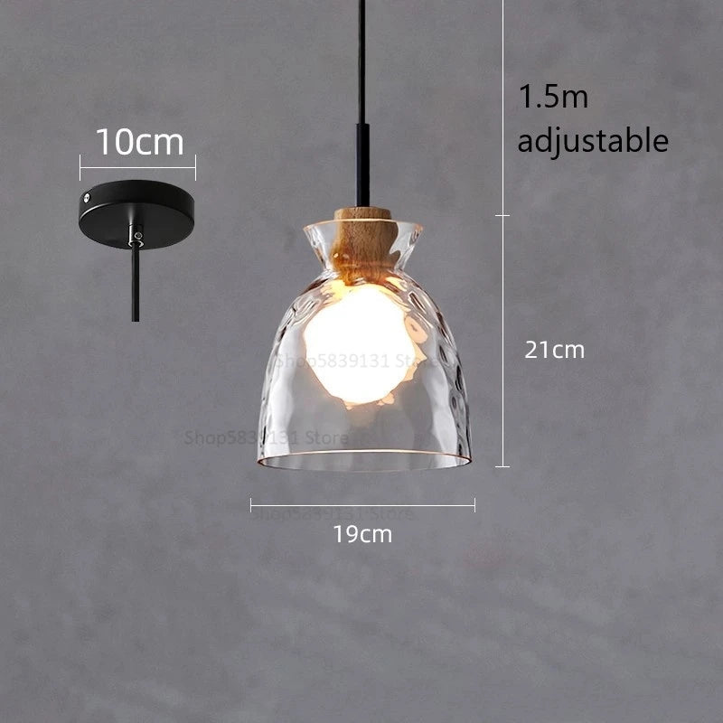 suspension led en verre grain d'eau et bois nordique rétro - vue 9 sur 11