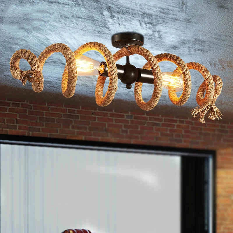 lustre rétro loft en corde de chanvre pour bar pub café - vue 4 sur 7
