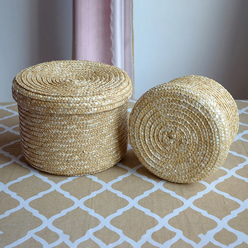 panier de rangement tissé en paille avec couvercle et organisateur - vue 3 sur 10