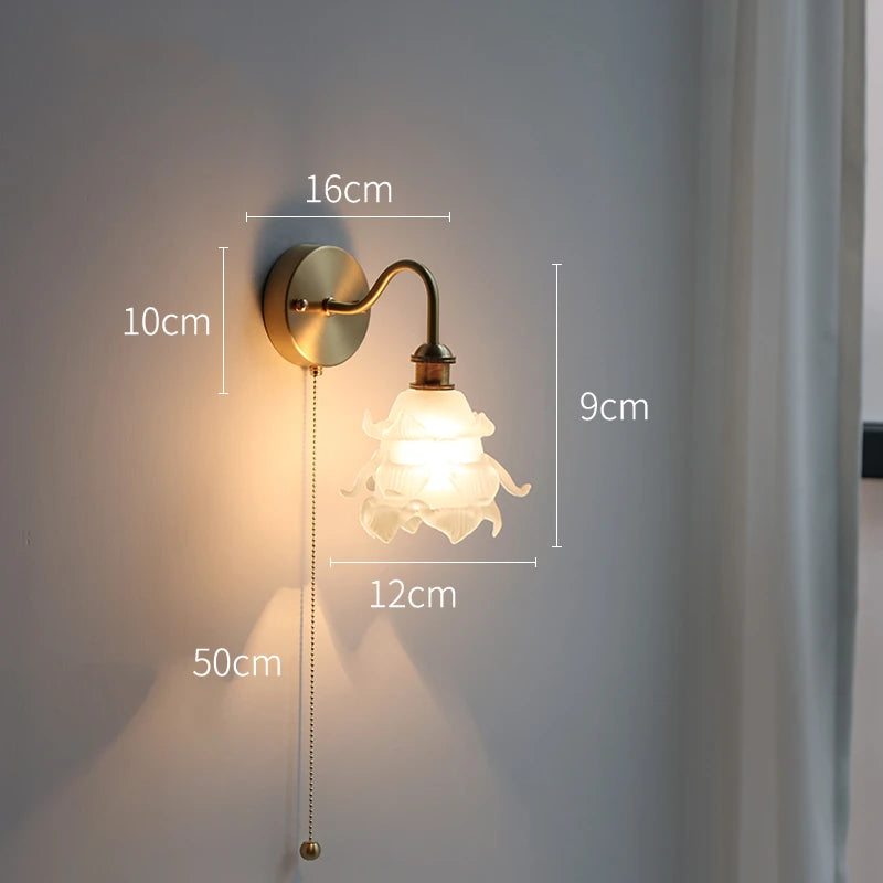 Applique murale fleur verre cuivre tirer chaîne interrupteur LED chambre salle de bain miroir escalier lumière nordique moderne - vue 14 sur 22