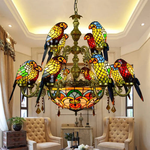 lustre tiffany vitrail lumineux oiseau perroquet design élégant intérieur - vue 3 sur 14