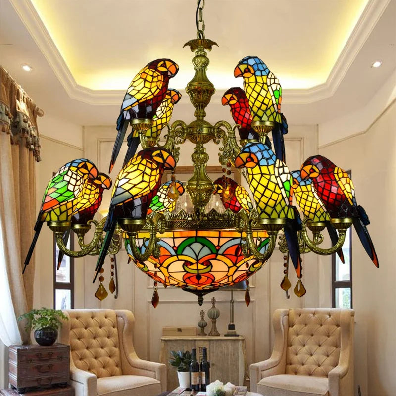 lustre tiffany vitrail lumineux oiseau perroquet design élégant intérieur - vue 3 sur 14
