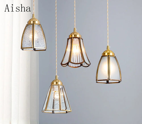 suspension vintage en verre japonais et cuivre design nordique - vue 2 sur 10