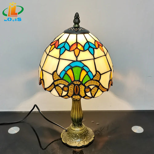 lampe à poser baroque européenne style tiffany en verre antique - vue 3 sur 6