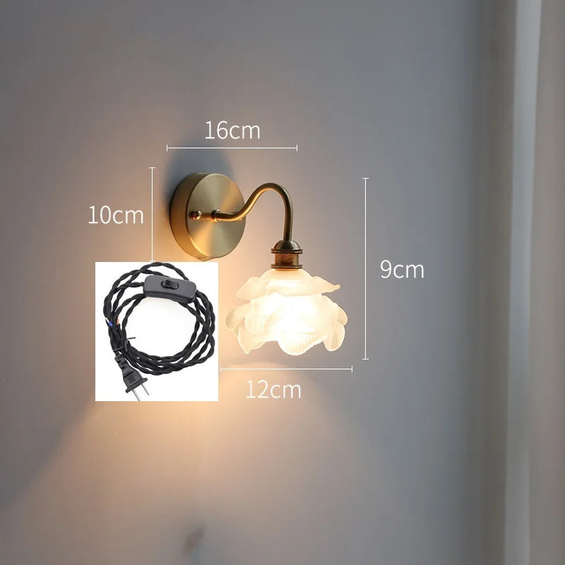 Applique murale fleur verre cuivre tirer chaîne interrupteur LED chambre salle de bain miroir escalier lumière nordique moderne - vue 11 sur 22