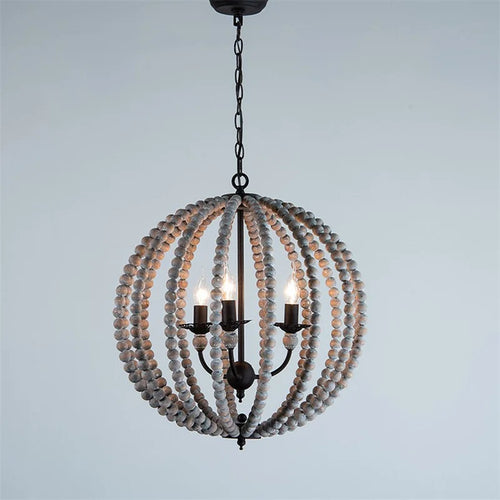 lustre rond en perles de bois style rétro rustique en fer blanc - vue 2 sur 11