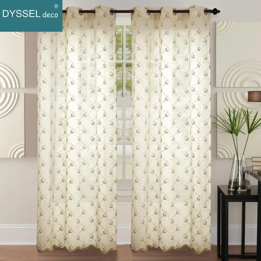 Rideau transparent brodé floral festonné pour salon - vue 4 sur 8
