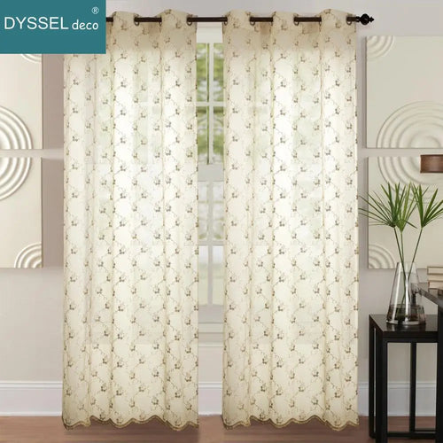 Rideau transparent brodé floral festonné pour salon - vue 5 sur 8