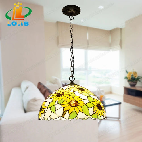 lustre en verre tiffany avec tournesols pour éclairage tendance - vue 3 sur 6