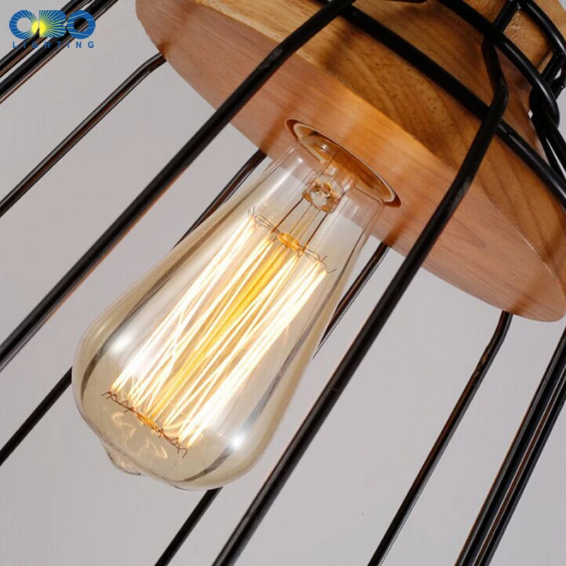 suspension vintage en fer et bois pour éclairage intérieur - vue 5 sur 9