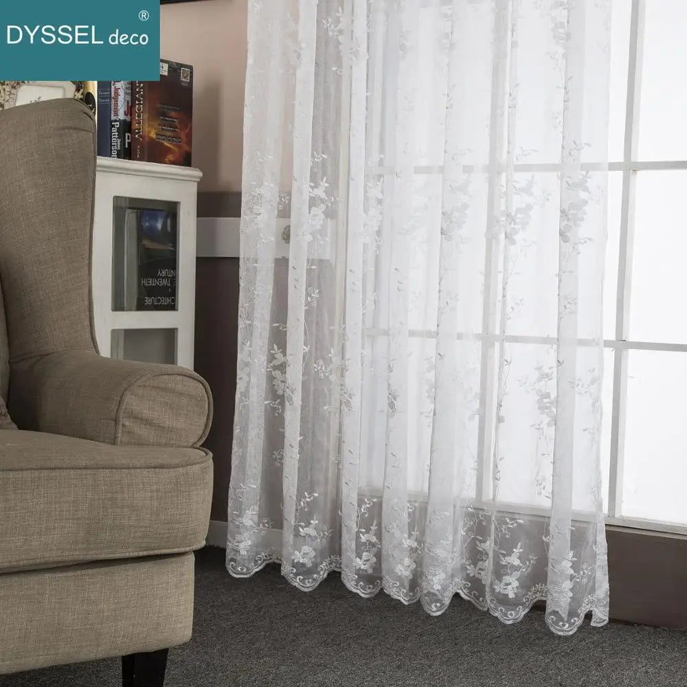 Rideau transparent broderie florale feston style europeen salon - vue 1 sur 8