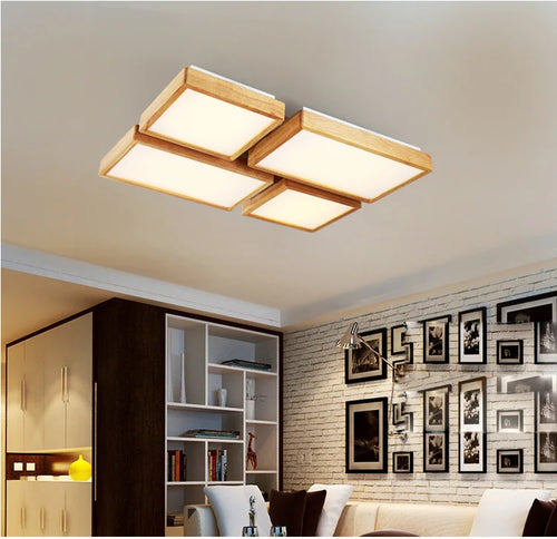 plafonnier led carré en bois grain de bois style nordique - vue 3 sur 6