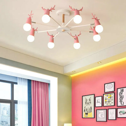 Lustre nordique en bois de macaron simple post-moderne LED lustres chambre salle à manger fer et bois tête de cerf plafonnier E27 - vue 3 sur 12