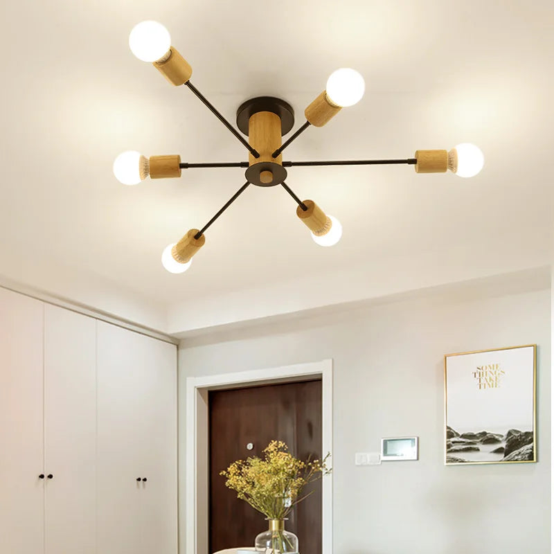 plafonnier moderne en bois massif lampe à led design créatif nordique - vue 4 sur 12