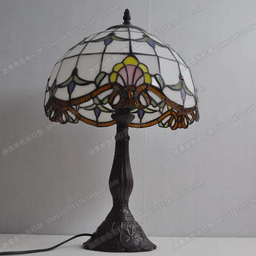 lampe de chevet tiffany style baroque en verre soudé avec base en métal - vue 7 sur 6