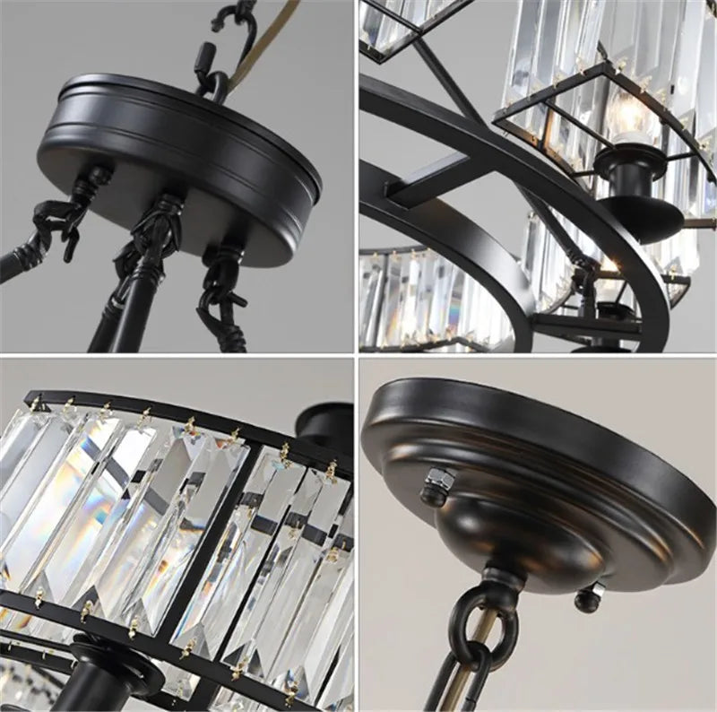 lustre en fer forgé et cristal style rétro industriel - vue 4 sur 6