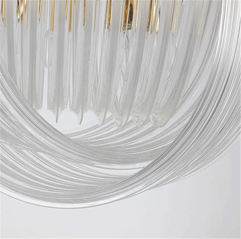 lustre suspendu en tube de verre courbé en métal doré moderne - vue 5 sur 6