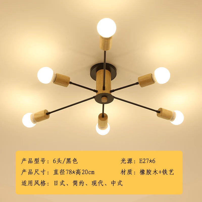 plafonnier moderne en bois massif lampe à led design créatif nordique - vue 12 sur 12