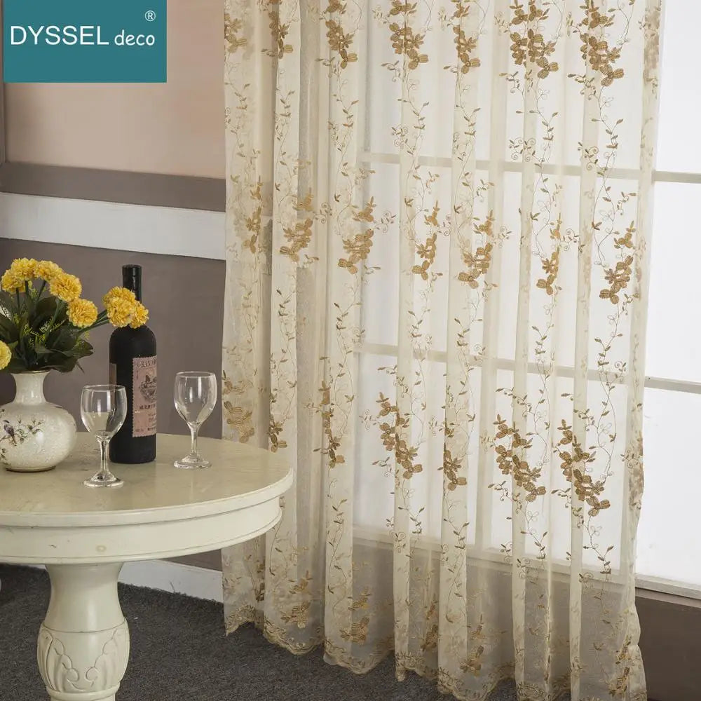 Rideau transparent broderie florale feston style europeen salon - vue 5 sur 8