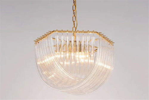 lustre suspendu en tube de verre courbé en métal doré moderne - vue 6 sur 6