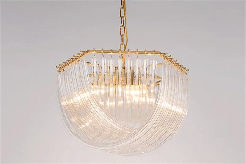 lustre suspendu en tube de verre courbé en métal doré moderne - vue 6 sur 6