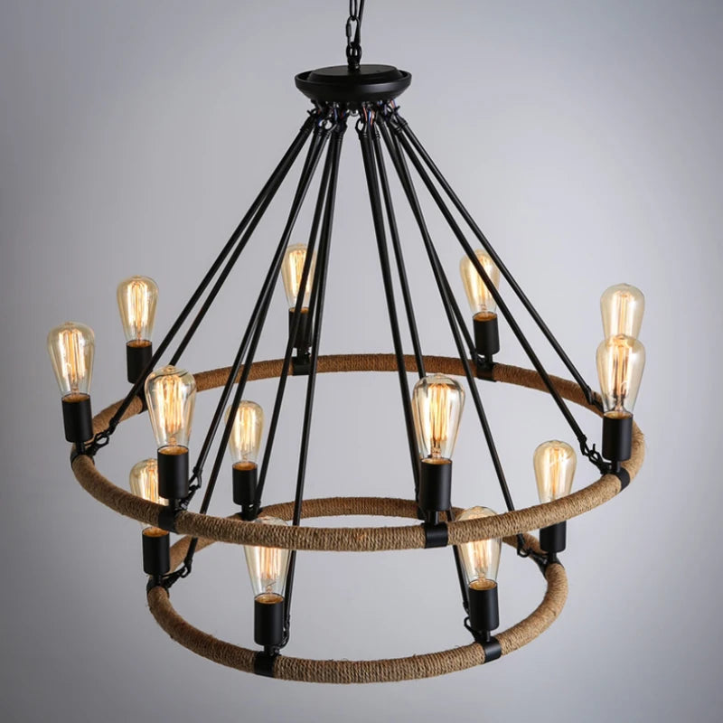 gzmj suspension lumineuse industrielle vintage en chanvre - vue 3 sur 9