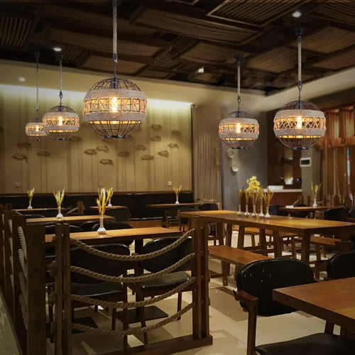 lustre rétro en corde de chanvre pour restaurant bar café - vue 4 sur 7