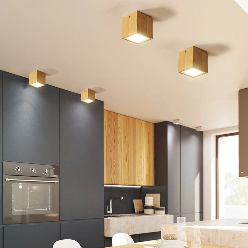plafonnier moderne à leds design bois rond carré décoration intérieure - vue 3 sur 12