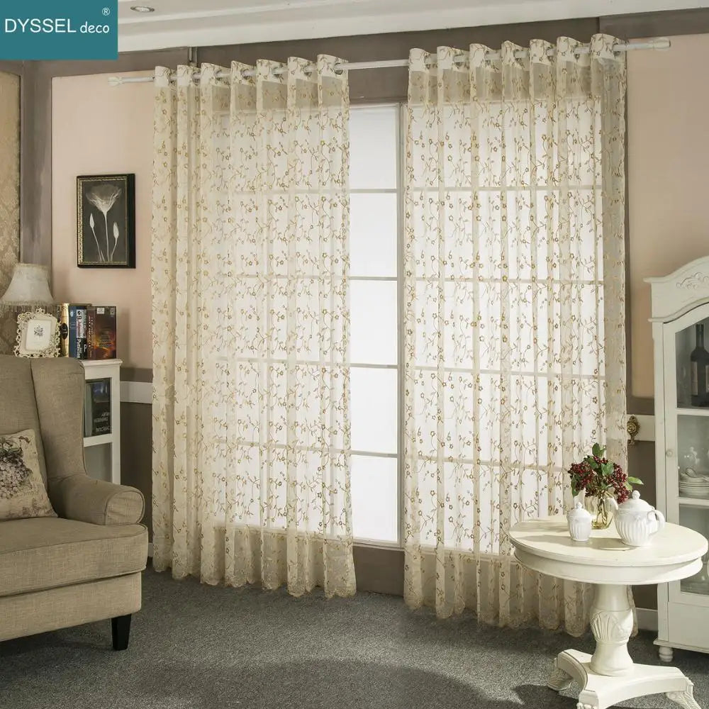 Rideau transparent brodé motif floral style rétro salon - vue 5 sur 8