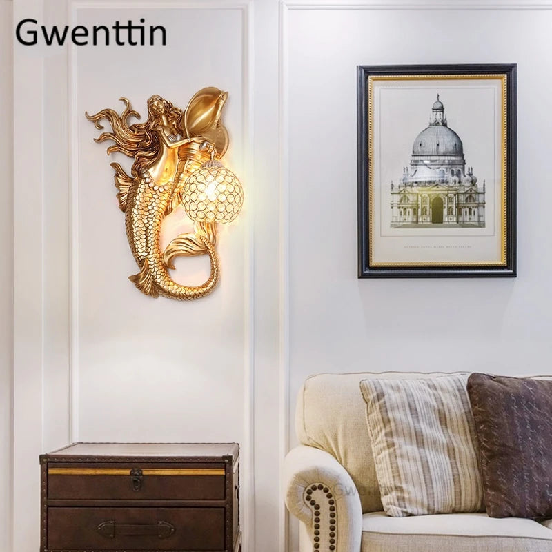 applique murale sirène en résine européenne avec lumière LED décorative - vue 4 sur 16