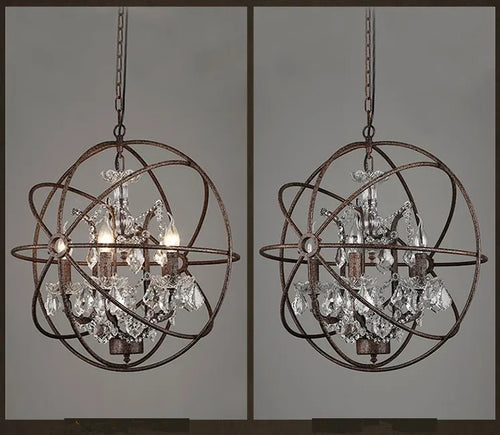 lustre vintage industriel en fer et cristal - vue 5 sur 6