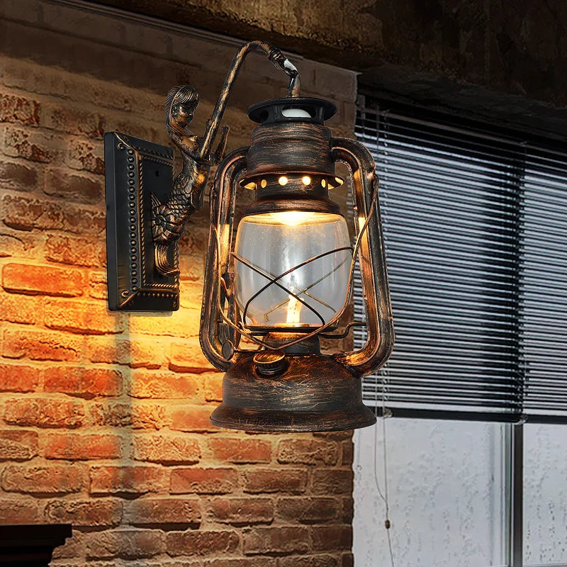 Retro Barn Lantern European Kerosene Wall Lamp Bedroom Bedside wall Lights,Wrought Iron glass Shade Restaurant Bar Aisle Sconce - vue 4 sur 9