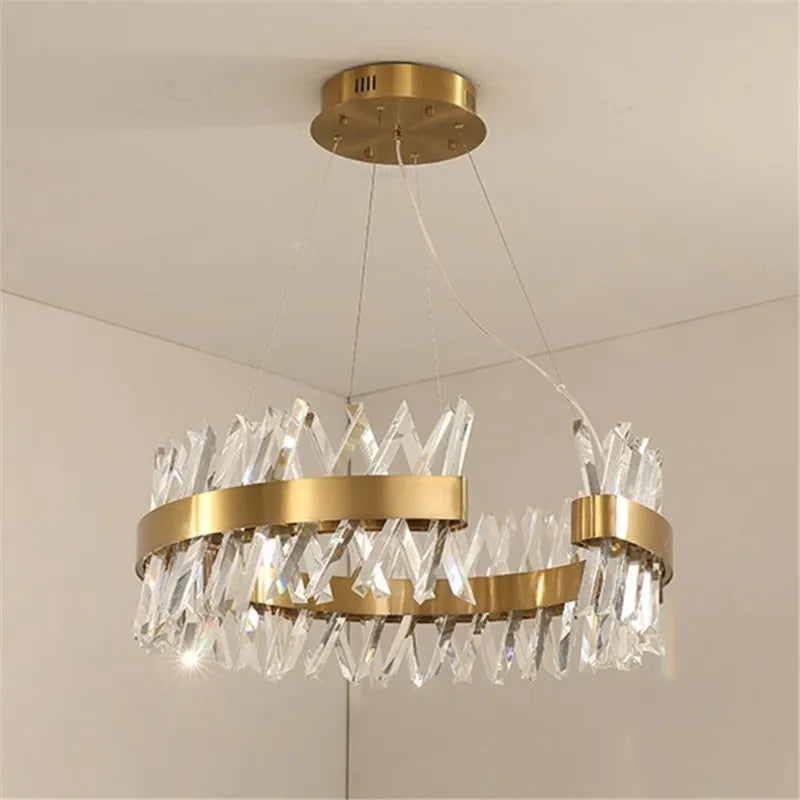 lustre moderne en cristal doré éclairage led design élégant - vue 5 sur 6