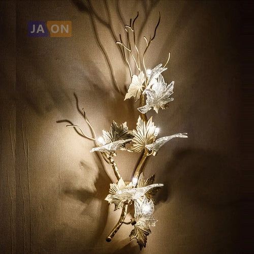 lampe led g4 moderne en cuivre et verre avec feuilles d'érable - vue 6 sur 6