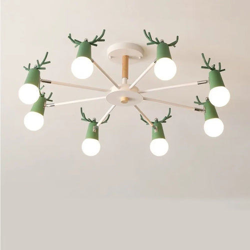 Lustre nordique en bois de macaron simple post-moderne LED lustres chambre salle à manger fer et bois tête de cerf plafonnier E27 - vue 2 sur 12