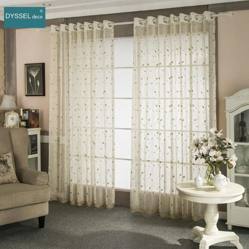Voilage brodé floral festonné style américain salon chambre - vue 5 sur 8