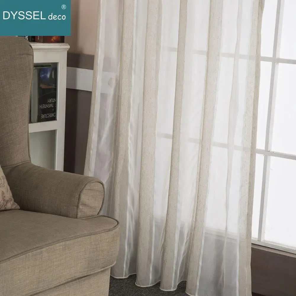 Rideau lin rayé style naturel plis plats moderne - vue 4 sur 7