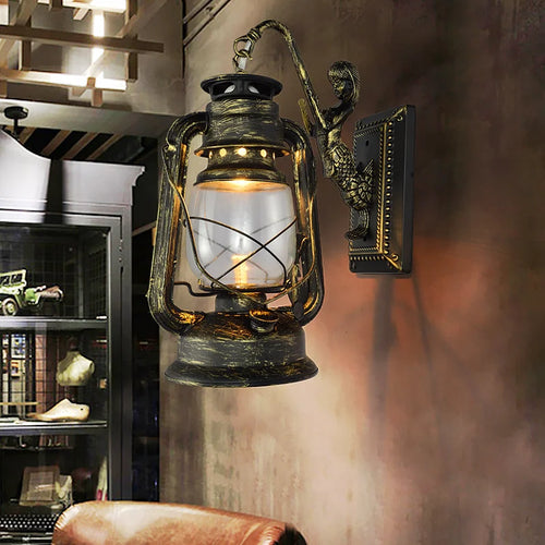 Retro Barn Lantern European Kerosene Wall Lamp Bedroom Bedside wall Lights,Wrought Iron glass Shade Restaurant Bar Aisle Sconce - vue 3 sur 9