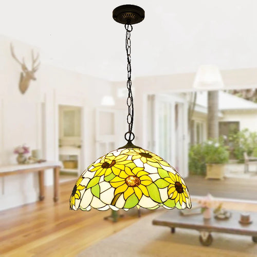 lustre en verre tiffany avec tournesols pour éclairage tendance - vue 6 sur 6