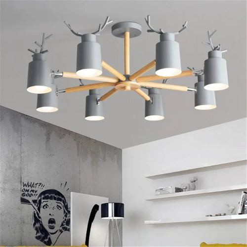 plafonnier en métal et bois moderne à abat-jour cerf - vue 4 sur 6