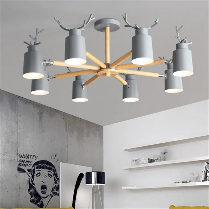 plafonnier en métal et bois moderne à abat-jour cerf - vue 3 sur 6