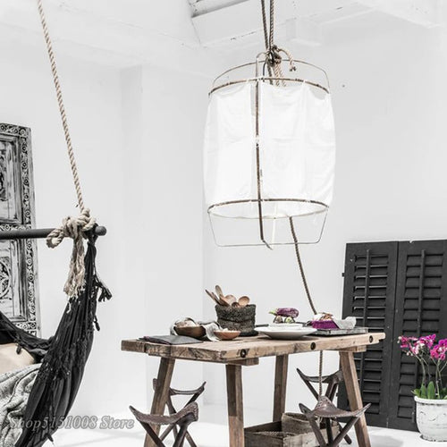 lampes suspendues créatives en bambou et lin nordique - vue 4 sur 6