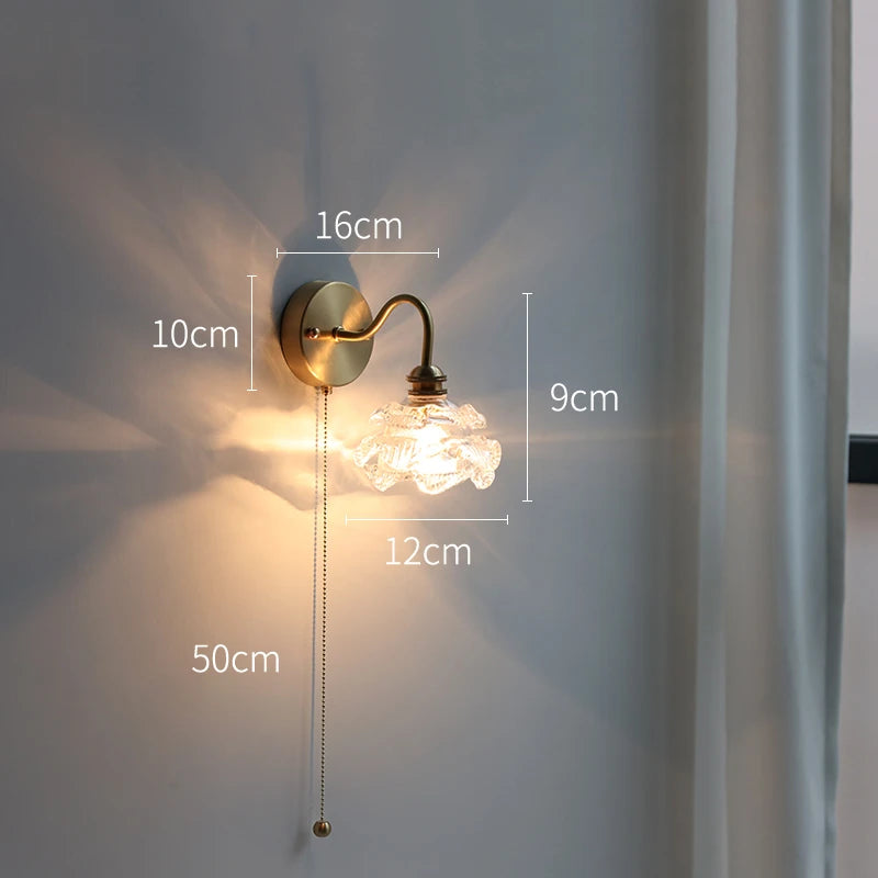 Applique murale fleur verre cuivre tirer chaîne interrupteur LED chambre salle de bain miroir escalier lumière nordique moderne - vue 10 sur 22