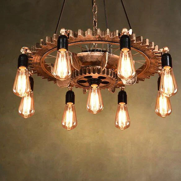 lustre industriel rétro créatif 9 têtes en bois pour loft restaurant café - vue 9 sur 9