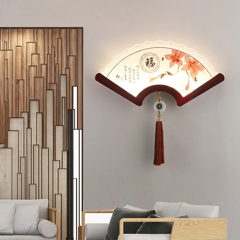 applique murale en bois éventail à led design rétro asiatique décoratif - vue 3 sur 18