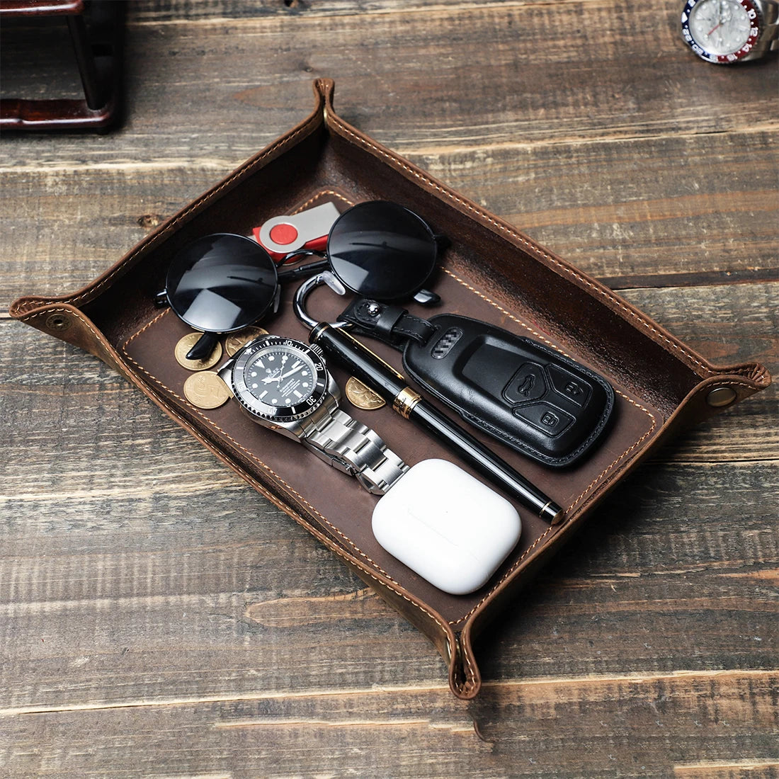 plateaux de rangement pliables en cuir véritable pour bureau et clés - vue 2 sur 8